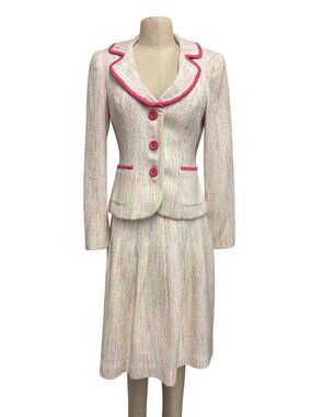 Vintage Y2K Chetta B Sherrie Bloom Peter Noviello Confetti Tweed Skirt Suit Pink